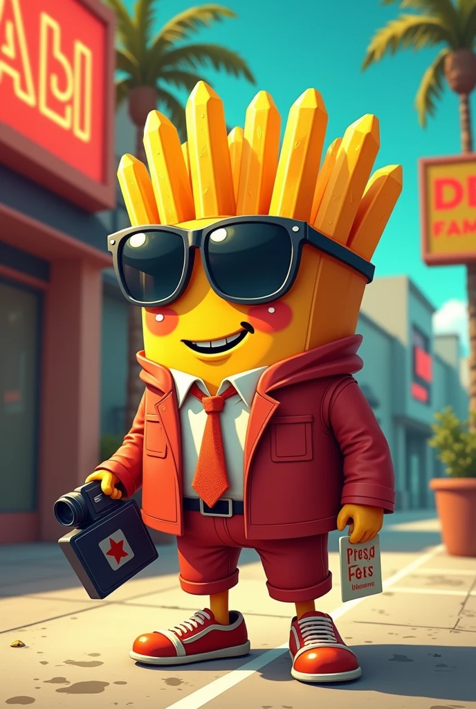 an animated French fry disguised as a vectorized and friendlier paparazzi, retro style