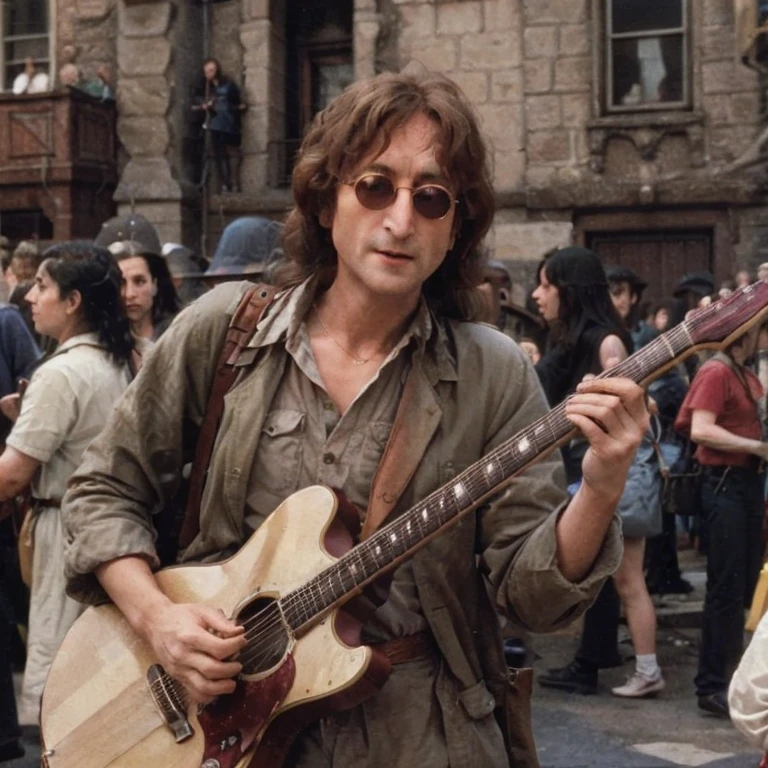 Photograph of John Lennon with long hair wearing an outfit from the movie Lord of the Rings, playing his guitar in the middle of a crowd at a medieval fair
