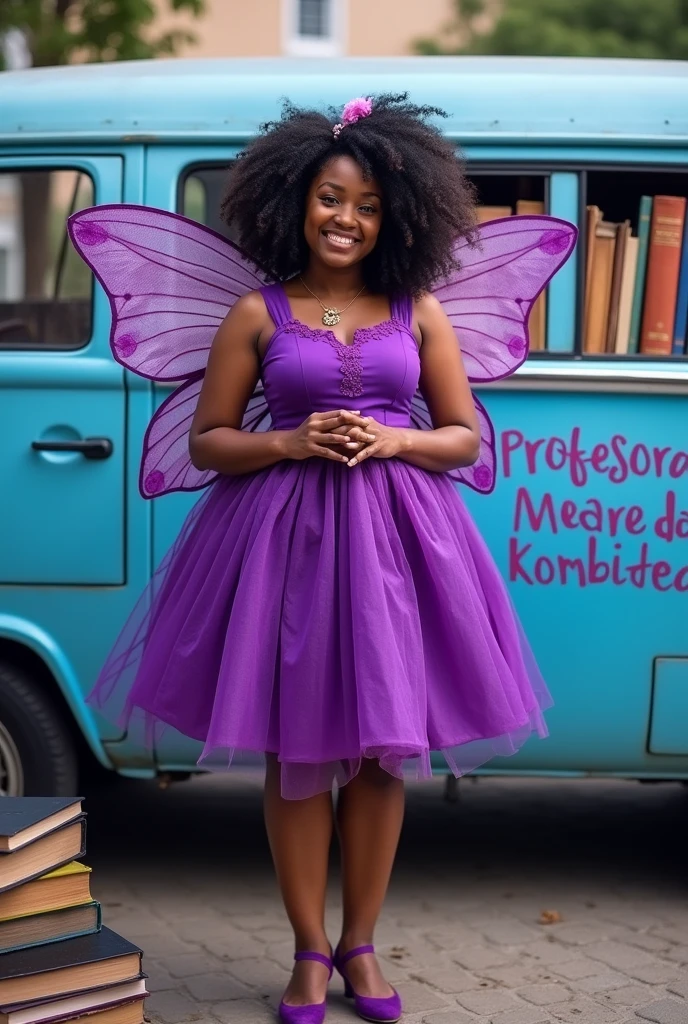 Drawing of a black teacher with curly hair dressed as a purple fairy next to a blue van full of books inside. In the format of a pamphlet for the election of councilor and the name written “Professora Meire da KombiTeca”