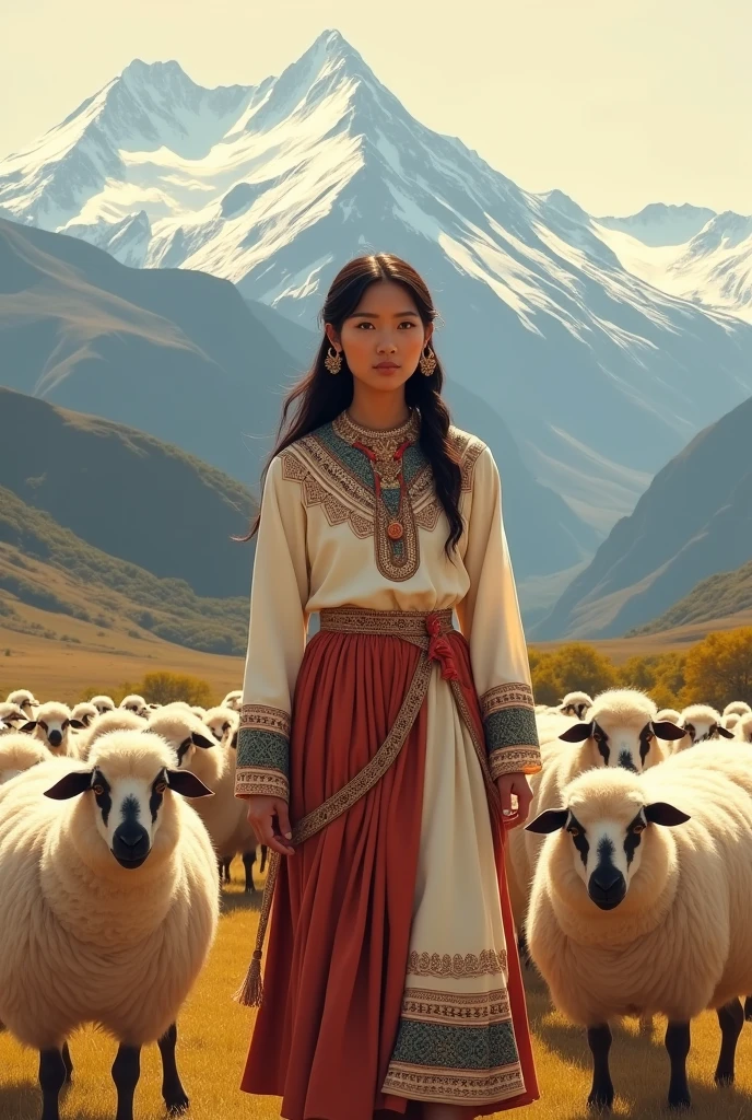 Can you help me create a commercial brand? We want the brand to have national and global potential. The name is Mashe. We want you to match the color palette of the Manjar de Leche and we also want you to be able to put some mountains in the background that represent where we come from and also a lady from the indigenous culture of Ecuador who is grazing her sheep. 
