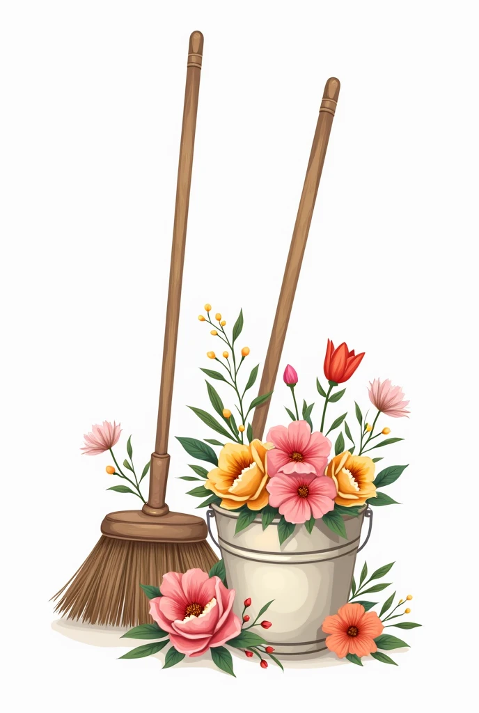 CLEANING ICONS BROOM BUCKET WRAPPED IN SUBTLE AND DELICATE FLOWERS HAND DRAW STYLE WHITE BACKGROUND VECTOR TYPE VERY COLORFUL