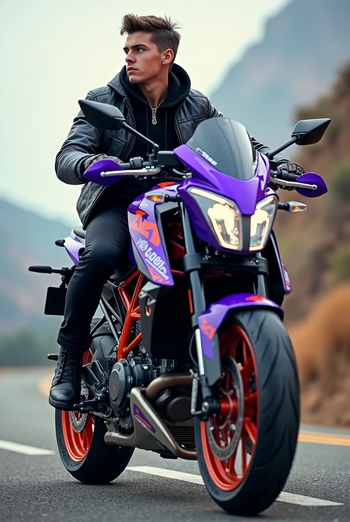 customized ktm 1390 with purple and black color and a young man riding it