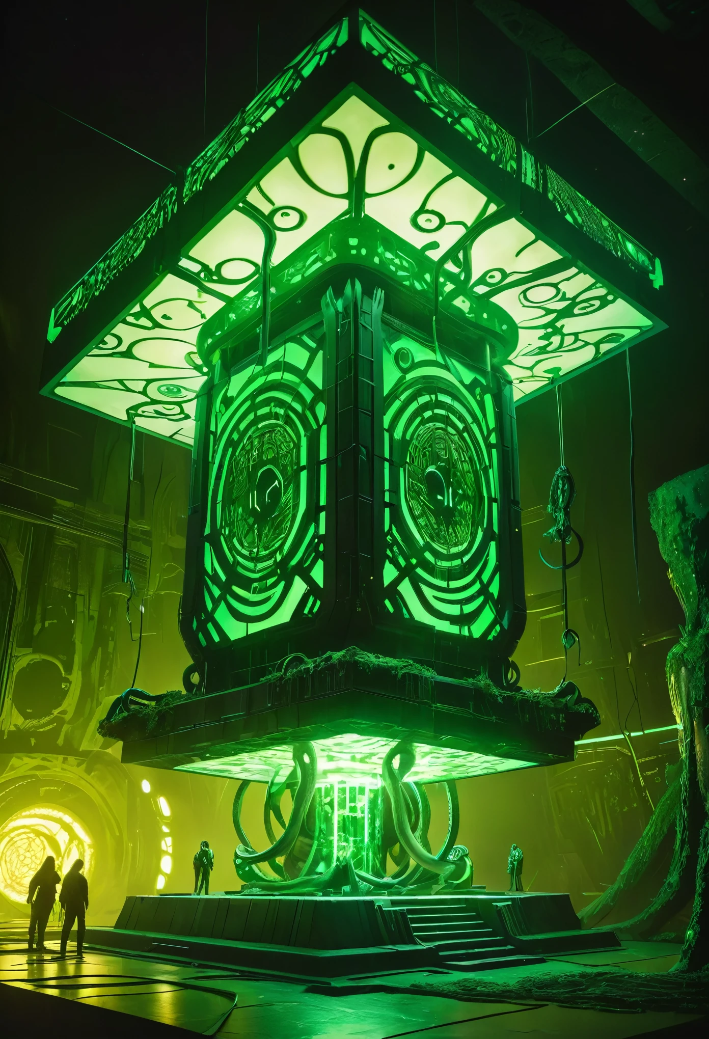 A gigantic floating cuboid structure with dark, twisting tentacles, radiating an intense green light from the circular patterns and eyes with illuminated symbols embedded in their faces. The scene has a dark and futuristic atmosphere., with a greenish-yellow lighting that envelops the entire space, full of geometric shapes and blocks suspended in the air. Two tiny, zombified figures appear to be wandering in front of this monstrous entity., highlighting its colossal scale. The atmosphere is oppressive and mysterious., as if the place were a prison or a temple of some cosmic deity. The style is a combination of science fiction and cosmic horror, with intricate details and a sense of alien grandeur.