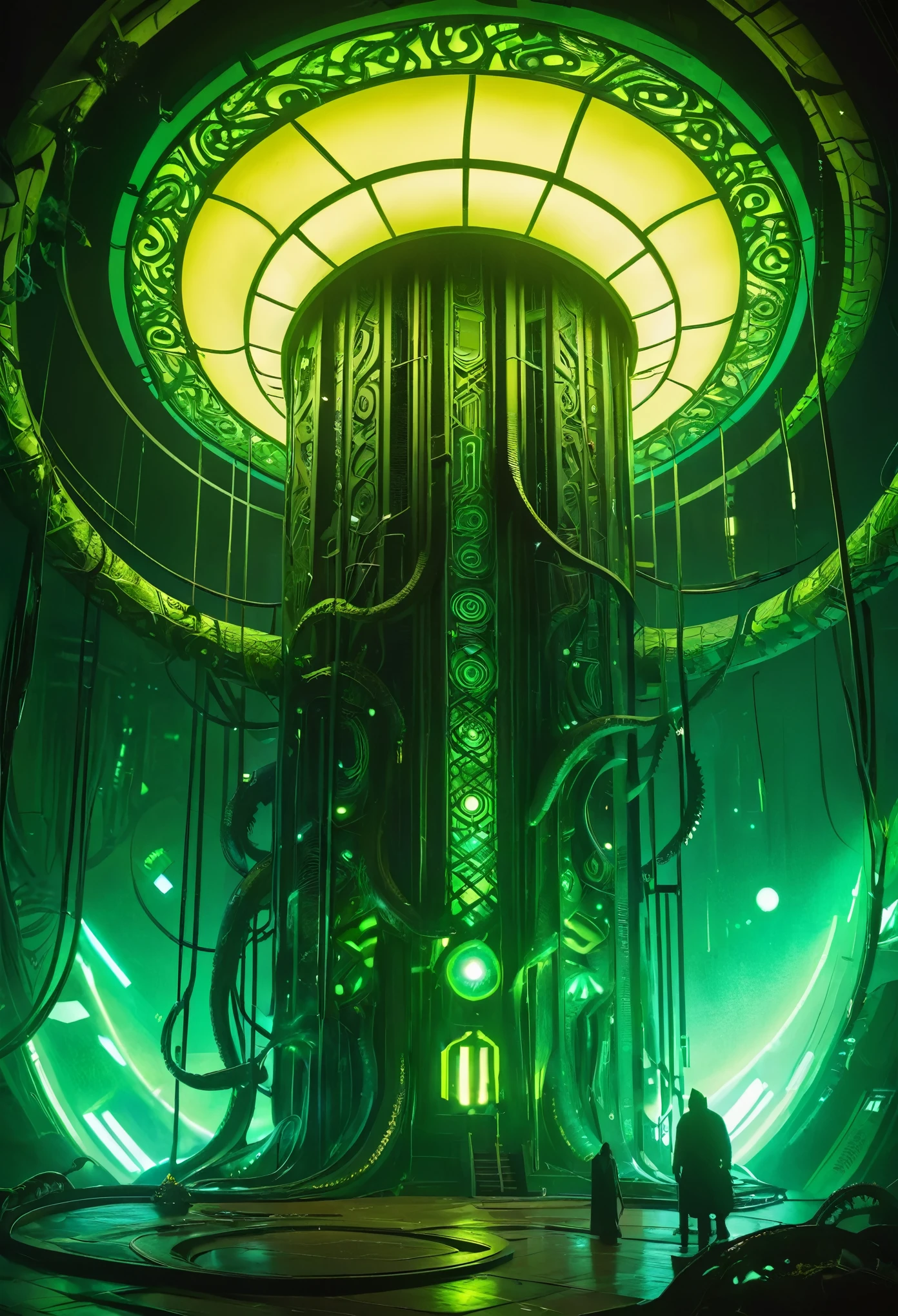 A gigantic floating cuboid structure with dark, twisting tentacles, radiating an intense green light from the circular patterns and eyes with illuminated symbols embedded in their faces. The scene has a dark and futuristic atmosphere., with a greenish-yellow lighting that envelops the entire space, full of geometric shapes and blocks suspended in the air. Two tiny, zombified figures appear to be wandering in front of this monstrous entity., highlighting its colossal scale. The atmosphere is oppressive and mysterious., as if the place were a prison or a temple of some cosmic deity. The style is a combination of science fiction and cosmic horror, with intricate details and a sense of alien grandeur.