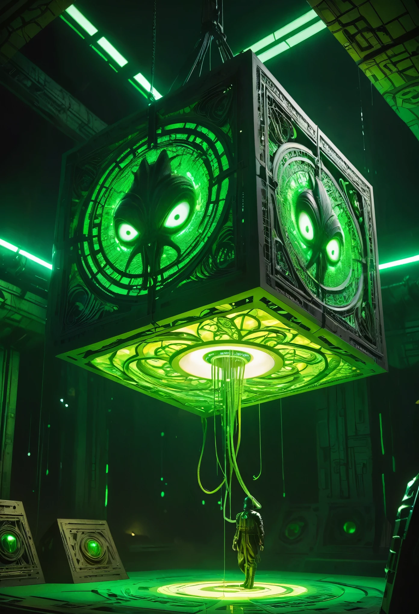 A gigantic floating cuboid structure with dark, twisting tentacles, radiating an intense green light from the circular patterns and eyes with illuminated symbols embedded in their faces. The scene has a dark and futuristic atmosphere., with a greenish-yellow lighting that envelops the entire space, full of geometric shapes and blocks suspended in the air. Two tiny, zombified figures appear to be wandering in front of this monstrous entity., highlighting its colossal scale. The atmosphere is oppressive and mysterious., as if the place were a prison or a temple of some cosmic deity. The style is a combination of science fiction and cosmic horror, with intricate details and a sense of alien grandeur.