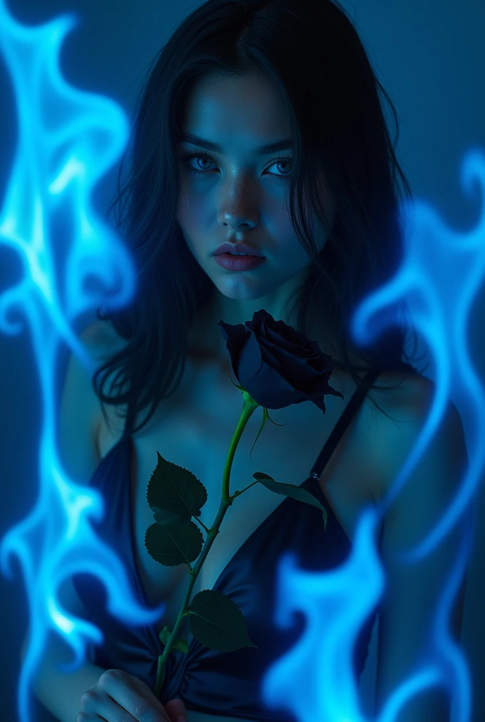 A picture of an extremely beautiful woman, with very blue eyes, small nose, labios carnosos very beautiful, with a black leather lace jumpsuit, surrounded by a blue fire, and a black rose in her hand, very beautiful