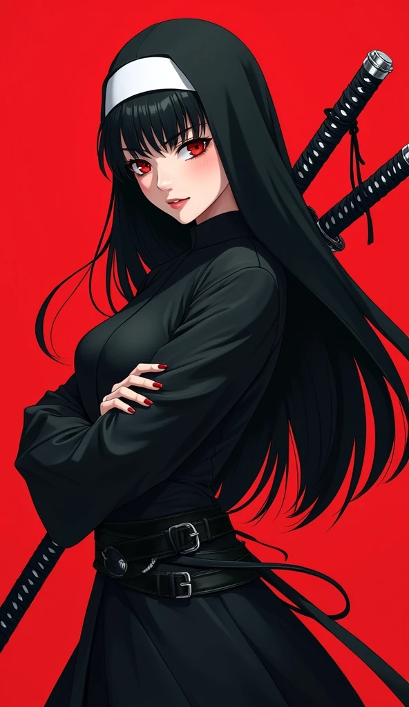 Create a striking anime-style illustration of a lethal ninja nun. The character should be a young woman with long, jet-black hair and straight bangs, framing a face with piercing red eyes and slightly parted lips. Her expression should convey a mix of detachment and danger. Dress her in a form-fitting black habit, reimagined as a sleek combat outfit. The habit should have a high collar and flowing sleeves, contrasting with multiple leather straps and buckles cinching the waist and thighs. Include a white coif framing her face, adding a stark contrast to her dark attire. Position a katana diagonally across her back, its hilt visible over her right shoulder. The sword's wrapping and tsuba should be intricately detailed. Set the character against a vivid red background, creating a bold contrast that heightens the sense of danger and drama. Use dramatic side-lighting to accentuate the curves and edges of her outfit, casting sharp shadows and highlighting the glossy texture of her hair and the metallic elements of her gear. The art style should blend clean, sharp lines with subtle gradients, emphasizing the character's deadly grace. Pay close attention to small details like the reflection in her eyes, the texture of the leather straps, and the folds in her habit. Incorporate hints of hidden weapons beneath her outfit, suggesting her lethal capabilities. The overall composition should exude a sense of controlled power, religious devotion twisted into something dangerous.