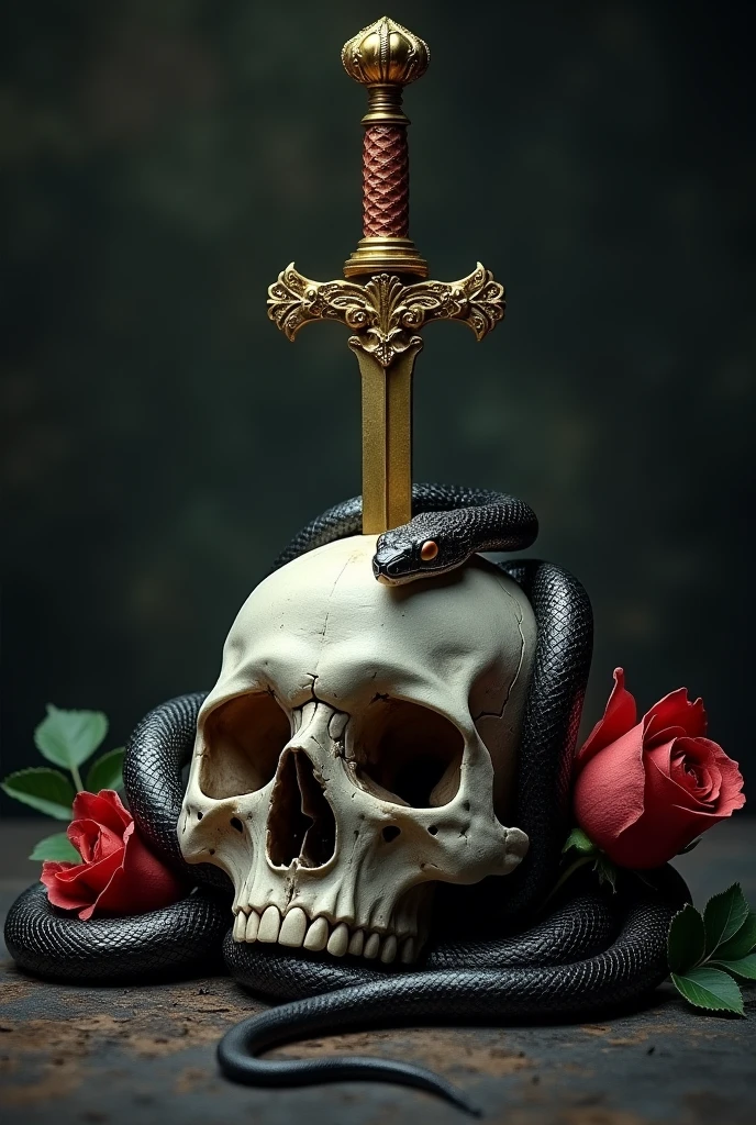 An image that works in one, a small golden dagger, A snake, a skull. Let the dagger pierce the skull, May the snake surround them along with the rose