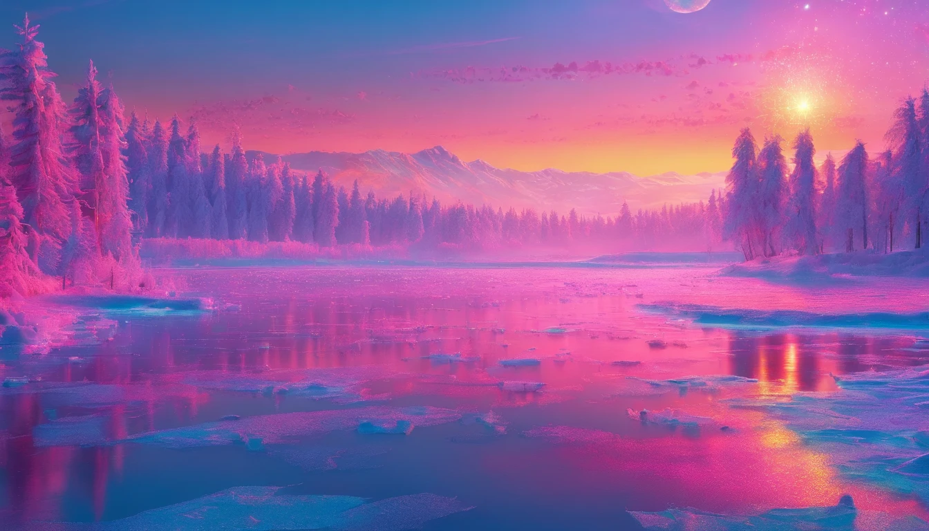 Frozen lake, morning dawn, severe frost, frost, snowing, 4k, high resolution, high detail, random angle, hyperrealism, 300mm, f/10.0, 1/1600ms, HDR