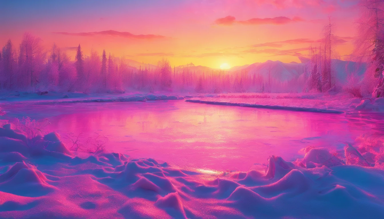 Frozen lake, morning dawn, severe frost, frost, snowing, 4k, high resolution, high detail, random angle, hyperrealism, 300mm, f/10.0, 1/1600ms, HDR
