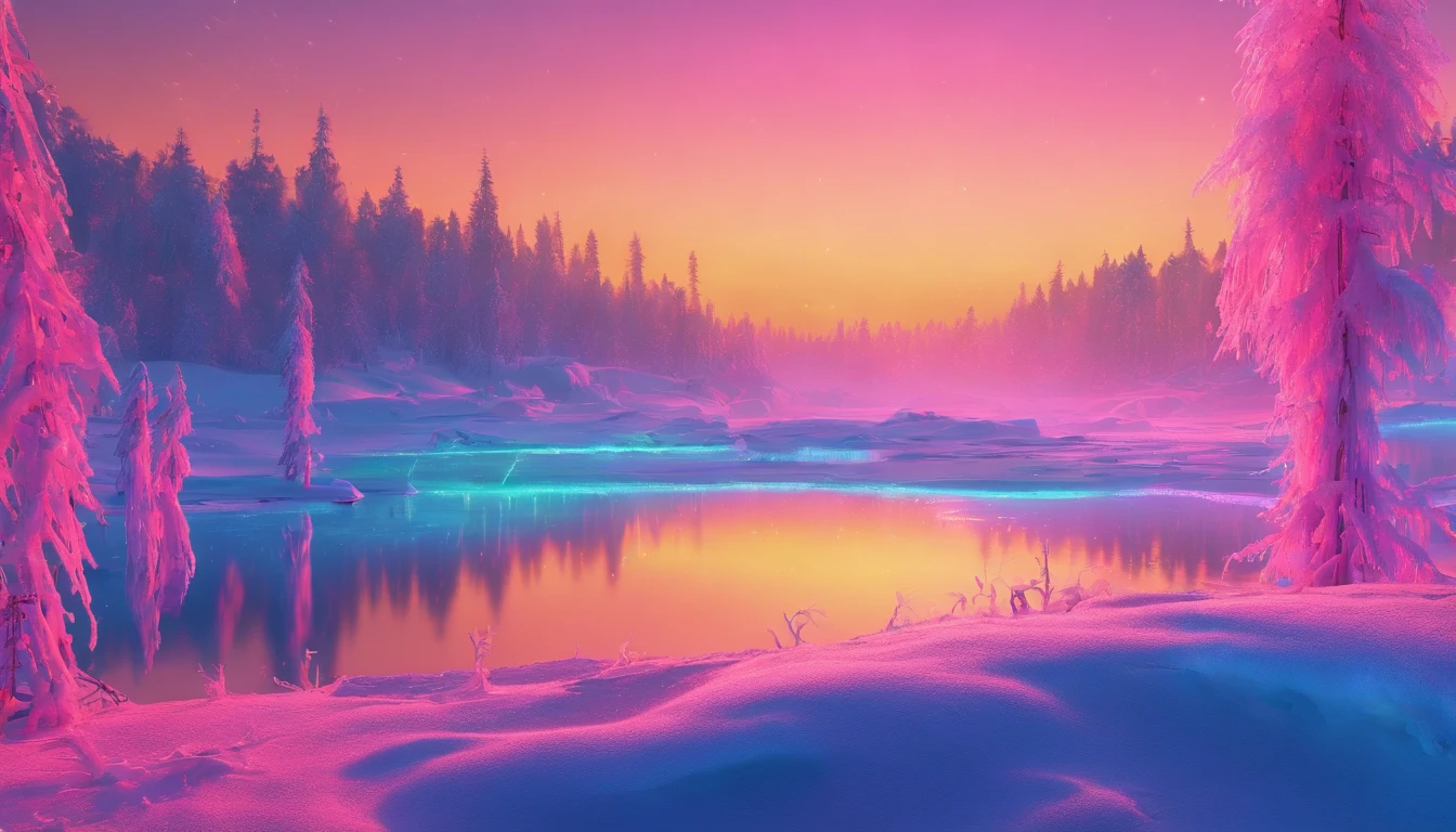 Frozen lake, morning dawn, severe frost, frost, snowing, 4k, high resolution, high detail, random angle, hyperrealism, 300mm, f/10.0, 1/1600ms, HDR
