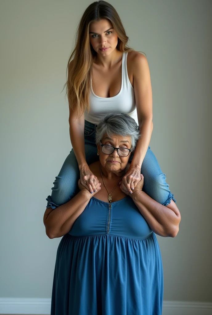 Create a photo of a 30 year old young woman, with a slender and beautiful body, wearing a white low-cut tank top and jeans, with white and clear skin, with long light brown hair and has her back to the camera as she is lifted high up by her butt by an obese black 90 year old elderly lady, dark black skinned, who has short hair, who wears glasses and a blue dress