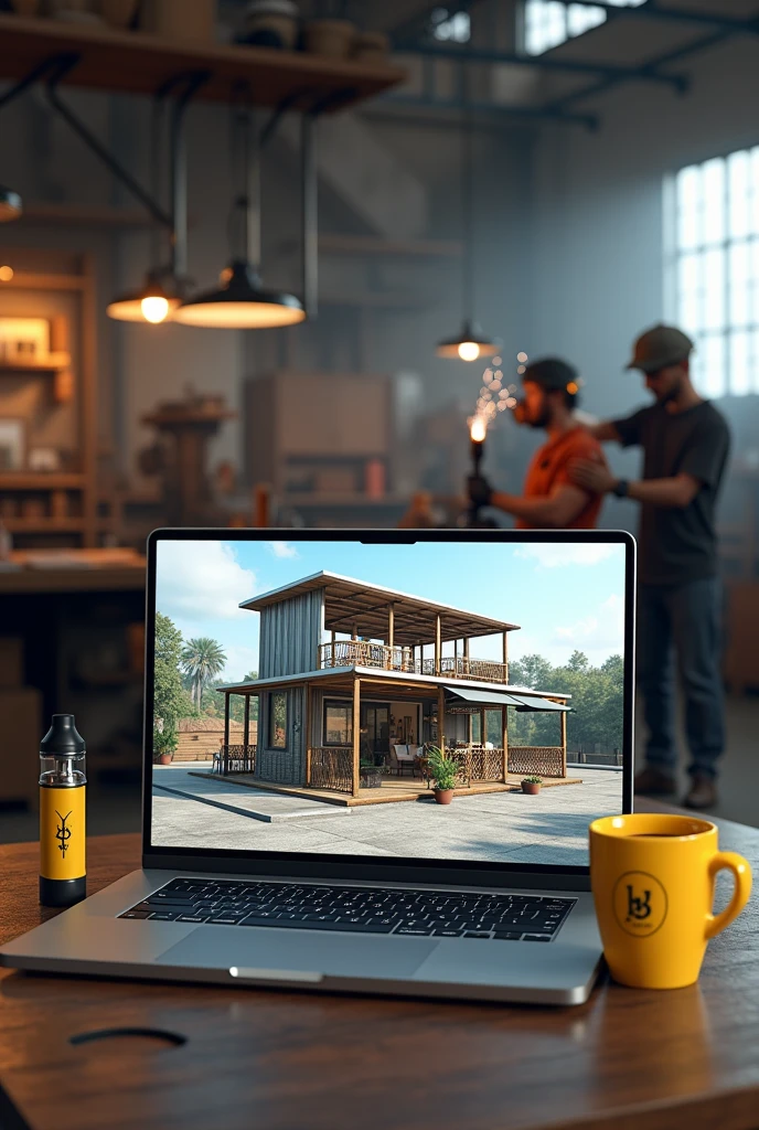 Laptop screen shot showing 3d design of iron frame cafe. Beside the laptop is a vape and a yellow coffee cup with ABC written in black on the cup.. Behind the laptop there are several welders welding iron fences and canopies in a large warehouse with lots of iron poles., there is a banner with the letter B logo.