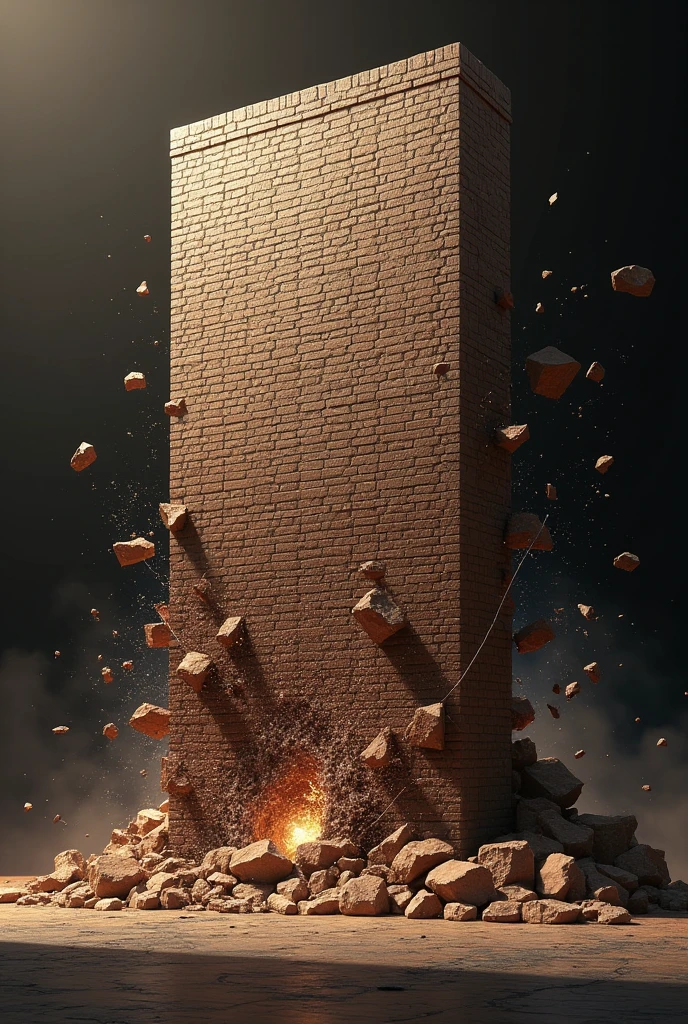 I want a very large rectangular wall being broken and a dark background with dark brown tones