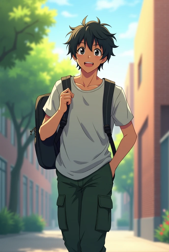 A male college student with short black hair and a bright personality。Dark green cargo pants T-Shirts Anime taste Black Eyes Normal system Eye color: black Her hair is a little bit bouncy.。 Carrying a backpack on one shoulder