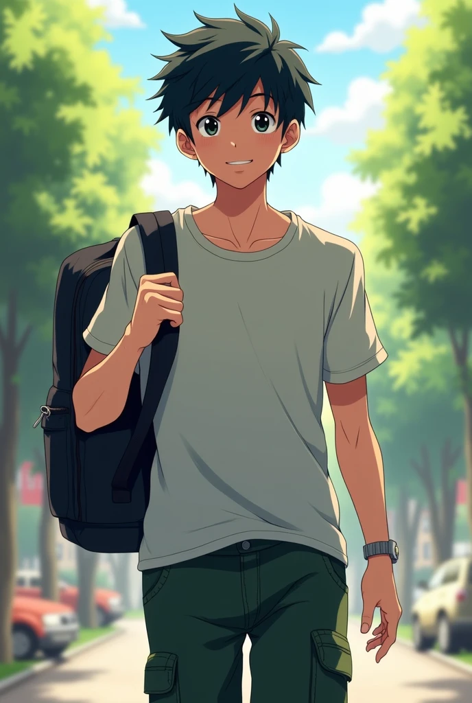 A male college student with short black hair and a bright personality。Dark green cargo pants　T-Shirts　Anime taste　Black Eyes　Normal system　Eye color: black　Her hair is a little bit bouncy.。　Carrying a backpack on one shoulder