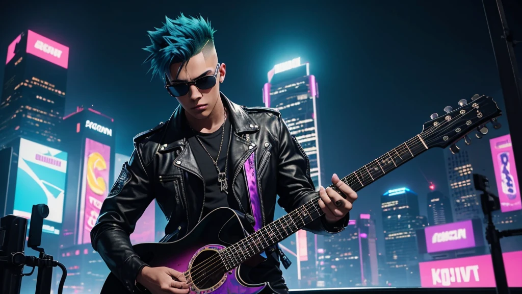 The character is a teenager with a vibrant hairstyle, green and mohawk, wearing a black outfit with blue details. He has a pair of sunglasses with bright blue frames and a studded black belt with a silver buckle.. His eyes are focused intently on the guitar in his hand, with an expression of concentration and passion. The background is a vibrant cyberpunk-inspired cityscape., with towering skyscrapers and neon-lit billboards. The sky is a deep, electric blue, with stripes of purple and pink that seem to pulse with the rhythm of the music. The cityscape is filled with holographic advertisements and futuristic architecture, giving the scene a high-tech thrill ride. Lighting is a key element of the scene, with bright, neon colors that appear to pulse and strobe in time with the music. The character is bathed in a warm, golden light that highlights his intense expression., while the background is filled with cool, blue tones that give the scene a sense of energy and excitement. The composition is dynamic and energetic, with the character placed in the center of the frame. The guitar is held at an angle, with the arm pointing towards the viewer, and the body of the guitar seems to pulse with energy. The character&#39;s pose is relaxed, More intense, with his eyes fixed on the guitar and his fingers moving skillfully over the strings. The scene is full of special effects that heighten the sense of energy and excitement.. The guitar seems to pulse with energy, with bright blue sparks flying from the strings as the character plays. The background is filled with holographic advertisements and neon lights that appear to strobe and pulse in time with the music.. The overall mood and atmosphere of the scene is high energy., emotion and passion. The character is fully immersed in the music, with an expression of intense concentration and joy. The background is vibrant and dynamic, with a sense of futuristic excitement that adds to the overall energy of the scene. Ao fundo, there are signs of a crowd, with people react