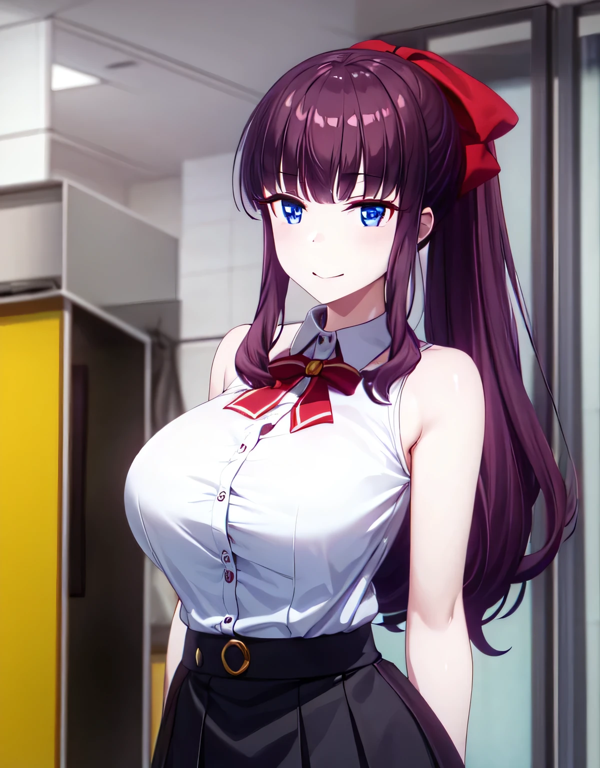 (large breasts:1.55),(shiny,hair),((solo)),((masterpiece)),((best quality)),perfect anatomy,slim waist,perfect image,8k UHD,(beautiful detailed eyes:1.5),extremely detailed face,standing,(upper body:1.25),(look at the front:1.5),(arms behindback),ultra-detailed,absurdres,highres,hifumi takemoto,long hair,bangs,(blue eyes),bow,ponytail,purple hair,hair bow,sleeveless clothes,skirt,light smile,indoor room,shiny skin,