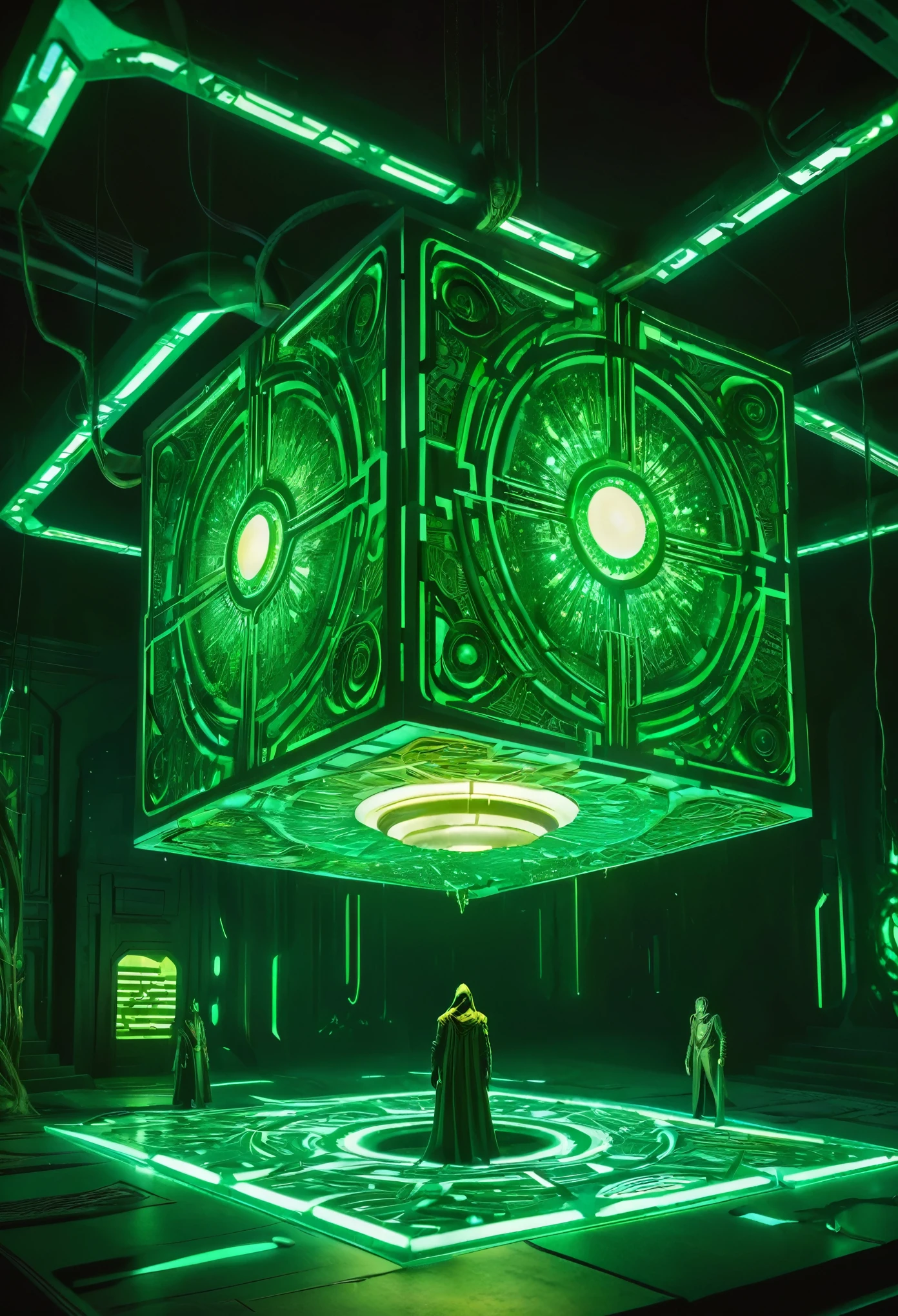 A gigantic floating cuboid structure with dark, twisting tentacles, radiating an intense green light from the circular patterns and eyes with illuminated symbols embedded in their faces. The scene has a dark and futuristic atmosphere., with a greenish-yellow lighting that envelops the entire space, full of geometric shapes and blocks suspended in the air. Two tiny, zombified figures appear to be wandering in front of this monstrous entity., highlighting its colossal scale. The atmosphere is oppressive and mysterious., as if the place were a prison or a temple of some cosmic deity. The style is a combination of science fiction and cosmic horror, with intricate details and a sense of alien grandeur.