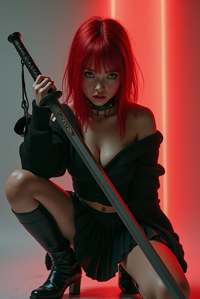 work of art, best qualityer, super rendering, super realistico, Highly detailed face, Clean and delicate face, all-body, Squat and wield a long sword, cyberpunk girl in seductive pose, Red hair, Wearing a sweater and a pleated miniskirt, ass naked, legs spread open, sleeveless, black pantyhose, white short boots, gazing at viewer, simple color background