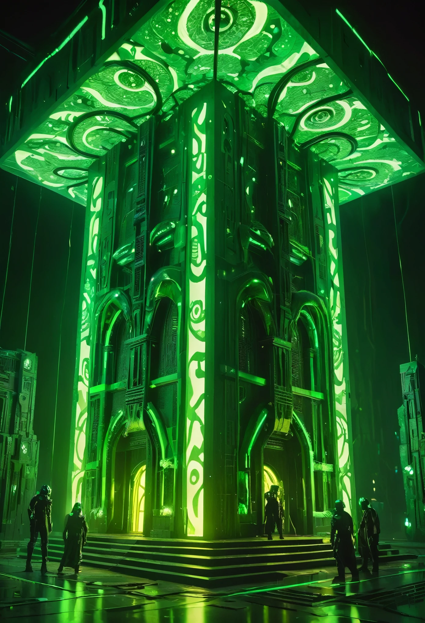 A gigantic floating cuboid structure with dark, twisting tentacles, radiating an intense green light from the circular patterns and eyes with illuminated symbols embedded in their faces. The scene has a dark and futuristic atmosphere., with a greenish-yellow lighting that envelops the entire space, full of geometric shapes and blocks suspended in the air. Two tiny, zombified figures appear to be wandering in front of this monstrous entity., highlighting its colossal scale. The atmosphere is oppressive and mysterious., as if the place were a prison or a temple of some cosmic deity. The style is a combination of science fiction and cosmic horror, with intricate details and a sense of alien grandeur.