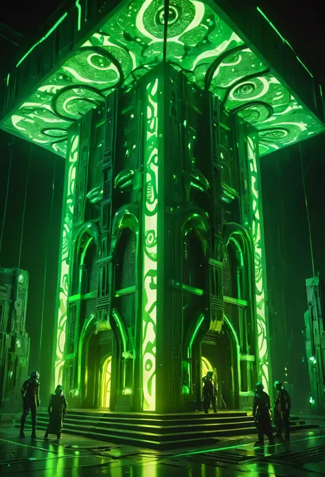 a gigantic floating cuboid structure with dark, twisting tentacles, radiating an intense green light from the circular patterns ...