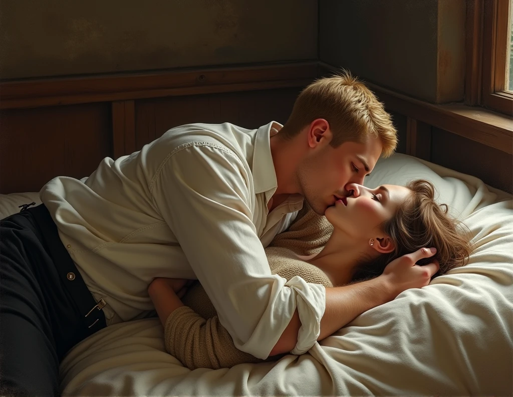 19TH CENTURY MAN AND WOMAN DURING A PASSIONATE KISS, HE HAS SHORT BLONDE HAIR, sculptural body, HE IS IN A SHIRT, wear black pants. SHE HAS LIGHT BROWN SLIGHTLY CURLY HAIR. THEY ARE LYING ON A SIMPLE BED. HE IS ON TOP OF HER, BOTH HAVE THEIR EYES CLOSED IN A MOMENT OF LOVE. THE WOMAN IS WEARING A SIMPLE SWEATER, CLOTHES MUST BE FROM THE 19TH CENTURY