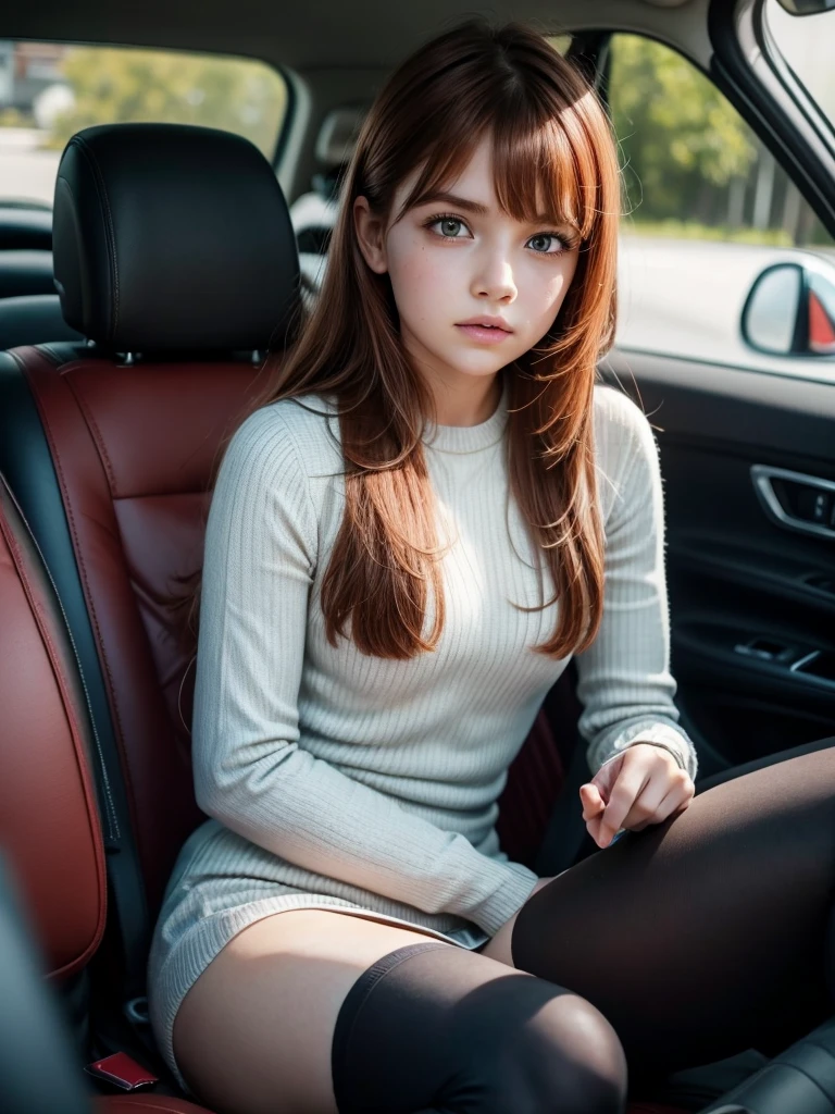 ultra realism,Realistic anatomy, sweet girl, small breasts,blushing, bang, Red hair,pensive,sits in lotus position in the back seat of a car,school uniform,Mittens,striped gaiters