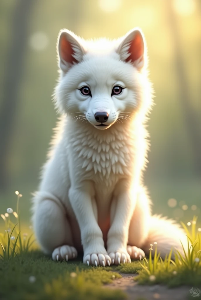 Un bébé loup blanc qui se tient assis