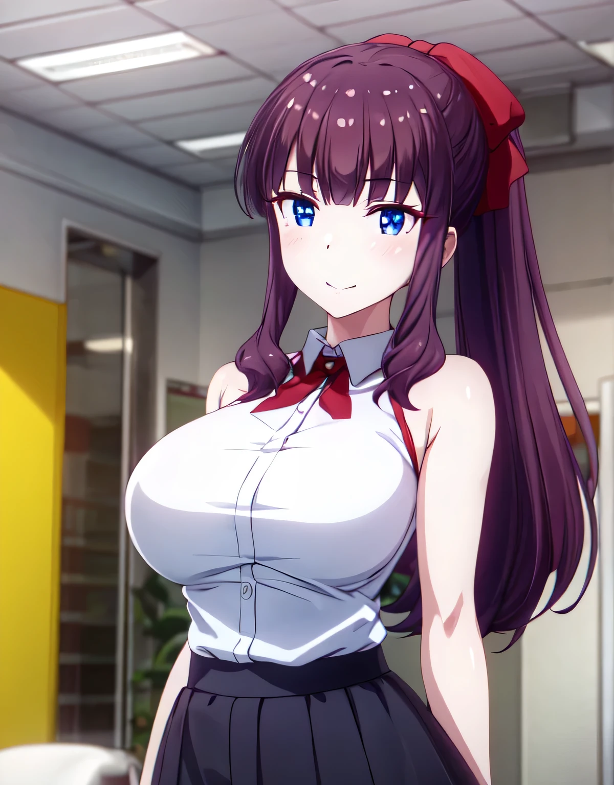 (large breasts:1.55),(shiny,hair),((solo)),((masterpiece)),((best quality)),perfect anatomy,slim waist,perfect image,8k UHD,(beautiful detailed eyes:1.5),extremely detailed face,standing,(upper body:1.25),(look at the front:1.5),(arms behindback),ultra-detailed,absurdres,highres,hifumi takemoto,long hair,bangs,(blue eyes),bow,ponytail,purple hair,hair bow,sleeveless clothes,skirt,light smile,indoor room,shiny skin,