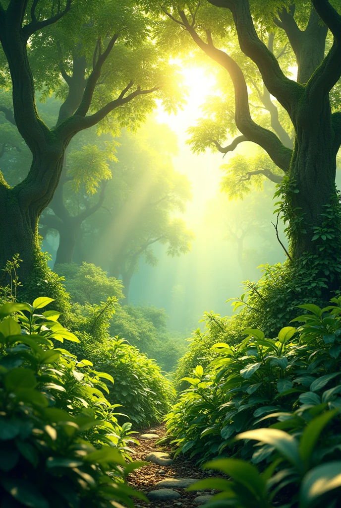 A bright green garden with lush foliage and sun rays, breaking through the treetops