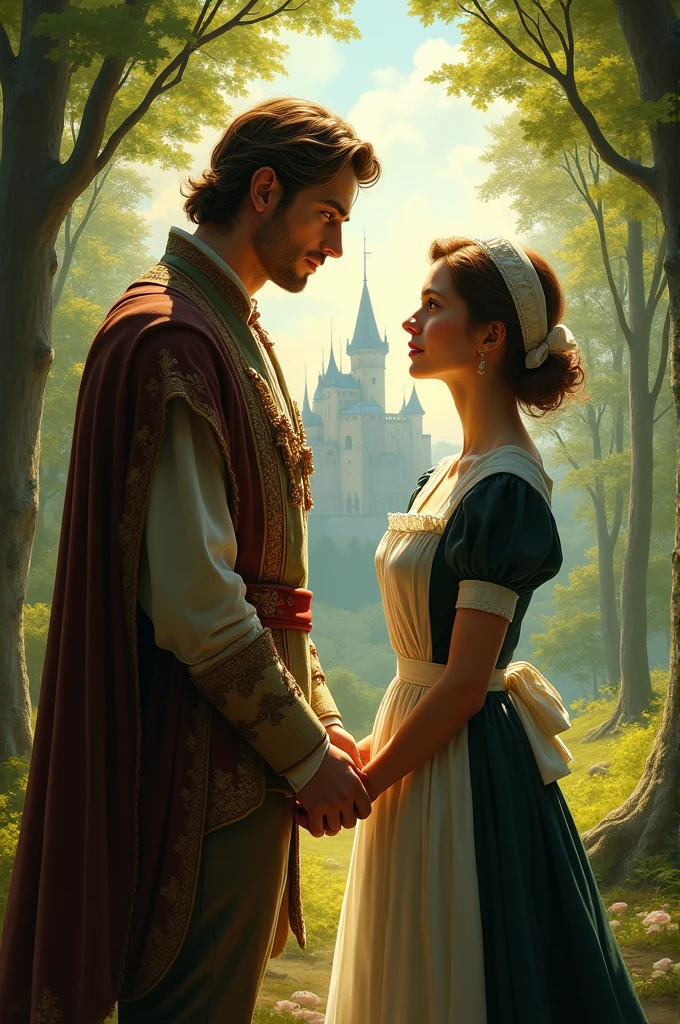 A prince and a maid looking at each other with a forest in the background and a castle in the distance and the sky visible