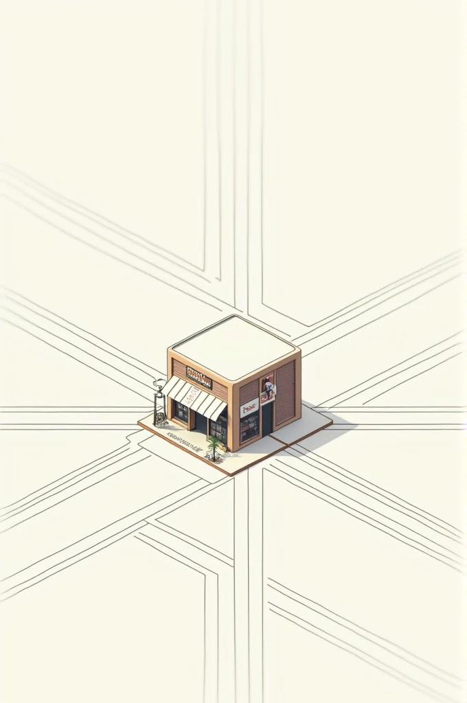 I want a figure in proportion 1:1 showing a 2D map of a block. In the middle represent a store (cafe, resturant, petshop,etc) make lines that start from the center of the edges and cross through the store