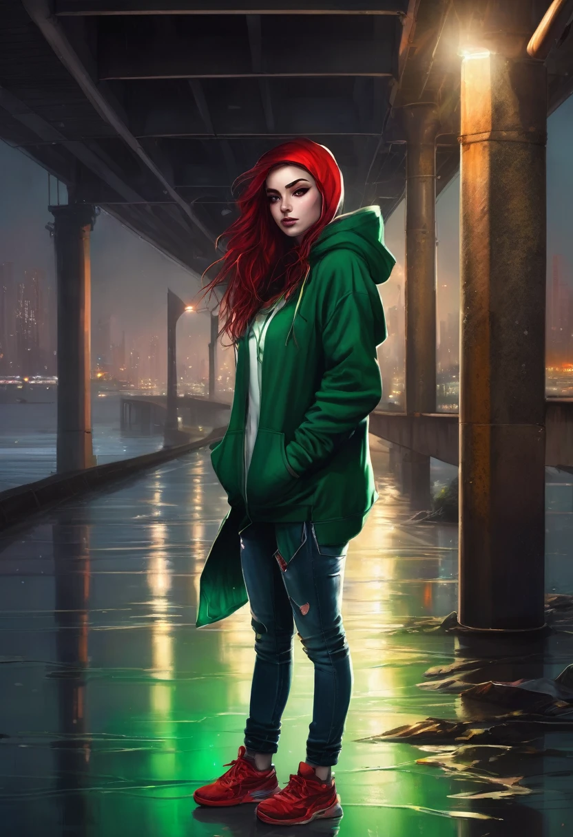 (good quality), (many details), (masterpiece), style of Charlie Bowater, crazy street artist, hoddie in green, hood up, spray can in hand, under a bridge at night, jeans, red tangled hair, broken clothes, 