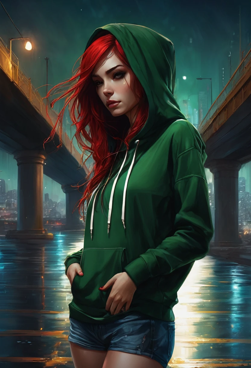 (good quality), (many details), (masterpiece), style of Charlie Bowater, crazy street artist, hoddie in green, hood up, spray can in hand, under a bridge at night, jeans, red tangled hair, broken clothes,