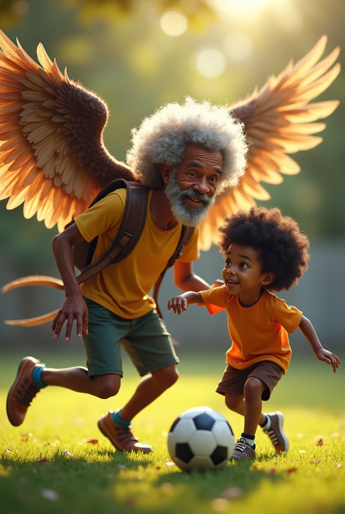 a grandfather with wings, no beard and afro hair and his grandson playing soccer