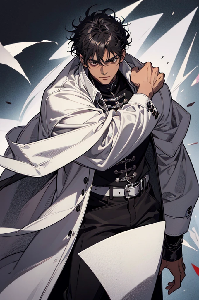 1man, brown skin, mischievous smile, muscled body, silver eyes, black hair, curly hair, long hair, wolfcut haircut, black donquixote doflamingo coat, cape over shoulders, white shirt with rolled up sleeves under coat, black pants, tattoos on arms, black belt with a silver buckle, black leather boots with silver buckles, dark leather gauntlets, dungeons and dragon oc