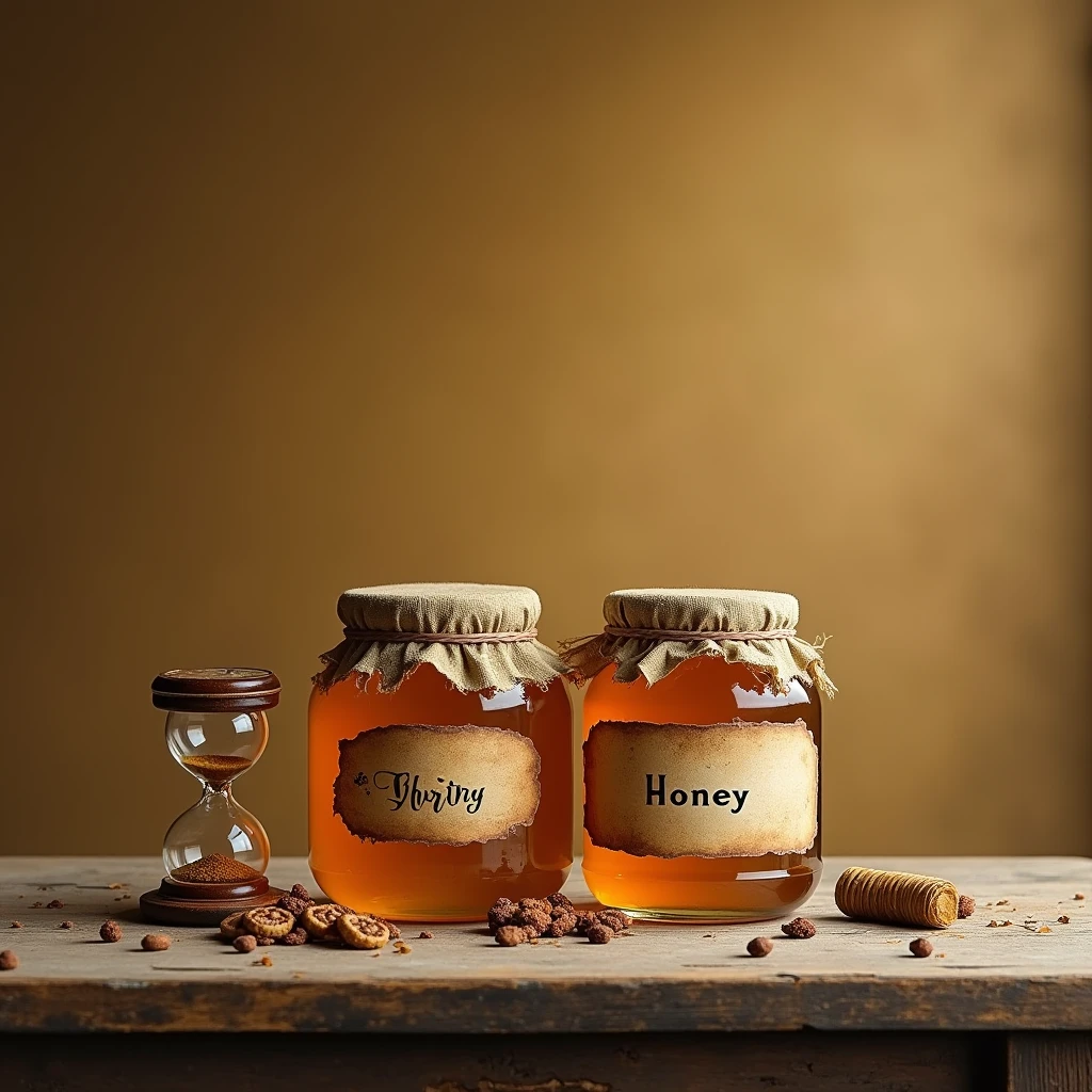 A realistic image with a solid color background that can be easily removed. The scene is set on a old table or flat surface. In the center are two honey jars: one with an antique look, featuring an aged label, and the other modern and sleek. Surrounding the jars on the table are small. To emphasize the concept of eternity, include a subtle, artistic representation of an hourglass without sand placed on the table as well. The overall design should focus on visual elements without any text.