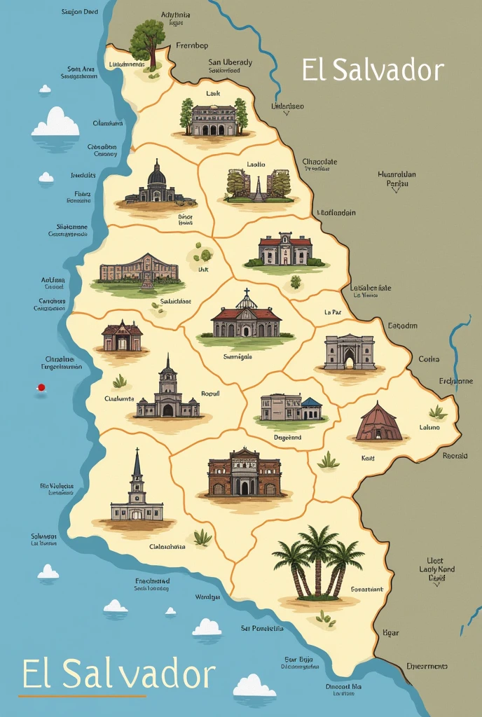 Create a map of El Salvador with its 14 departments and within each department have a representative drawing of each one 