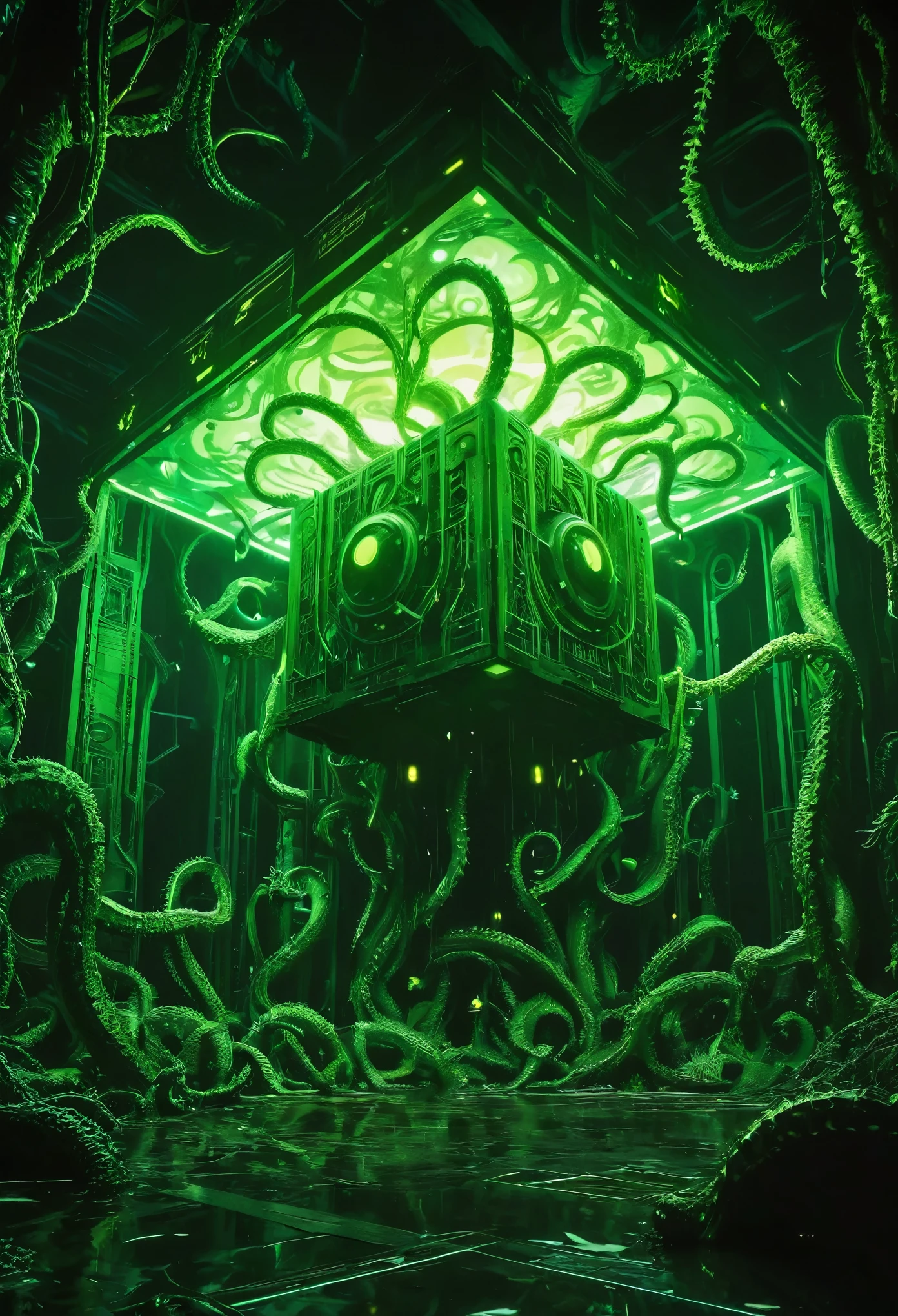 A gigantic floating cuboid structure with dark, twisting tentacles, radiating an intense green light from the circular patterns and eyes with illuminated symbols embedded in their faces. The scene has a dark and futuristic atmosphere., with a greenish-yellow lighting that envelops the entire space, full of geometric shapes and blocks suspended in the air. Two tiny, zombified figures appear to be wandering in front of this monstrous entity., highlighting its colossal scale. The atmosphere is oppressive and mysterious., as if the place were a prison or a temple of some cosmic deity. The style is a combination of science fiction and cosmic horror, with intricate details and a sense of alien grandeur.