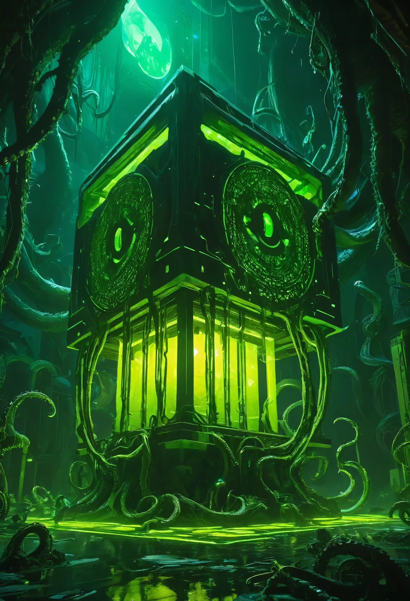 A gigantic floating cuboid structure with dark, twisting tentacles, radiating an intense green light from the circular patterns and eyes with illuminated symbols embedded in their faces. The scene has a dark and futuristic atmosphere., with a greenish-yellow lighting that envelops the entire space, full of geometric shapes and blocks suspended in the air. Two tiny, zombified figures appear to be wandering in front of this monstrous entity., highlighting its colossal scale. The atmosphere is oppressive and mysterious., as if the place were a prison or a temple of some cosmic deity. The style is a combination of science fiction and cosmic horror, with intricate details and a sense of alien grandeur.