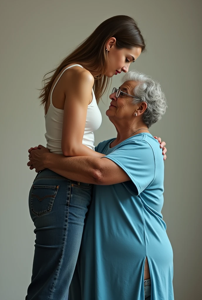 Create a photo of a 30 year old young woman, with a slender and beautiful body, wearing a white low-cut tank top and jeans, with white and clear skin, with long light brown hair and has her back to the camera as she is lifted high up by her butt by an obese black 90 year old elderly lady, dark black skinned, who has short hair, who wears glasses and a blue dress