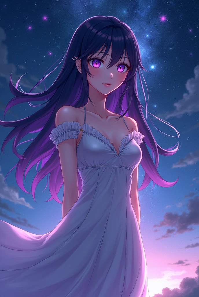 Anime Woman with black hair purple highlights and purple eyes standing behind a sky full of stars, wearing an elegant dress that made her eyes glow a beautiful color medium breasts