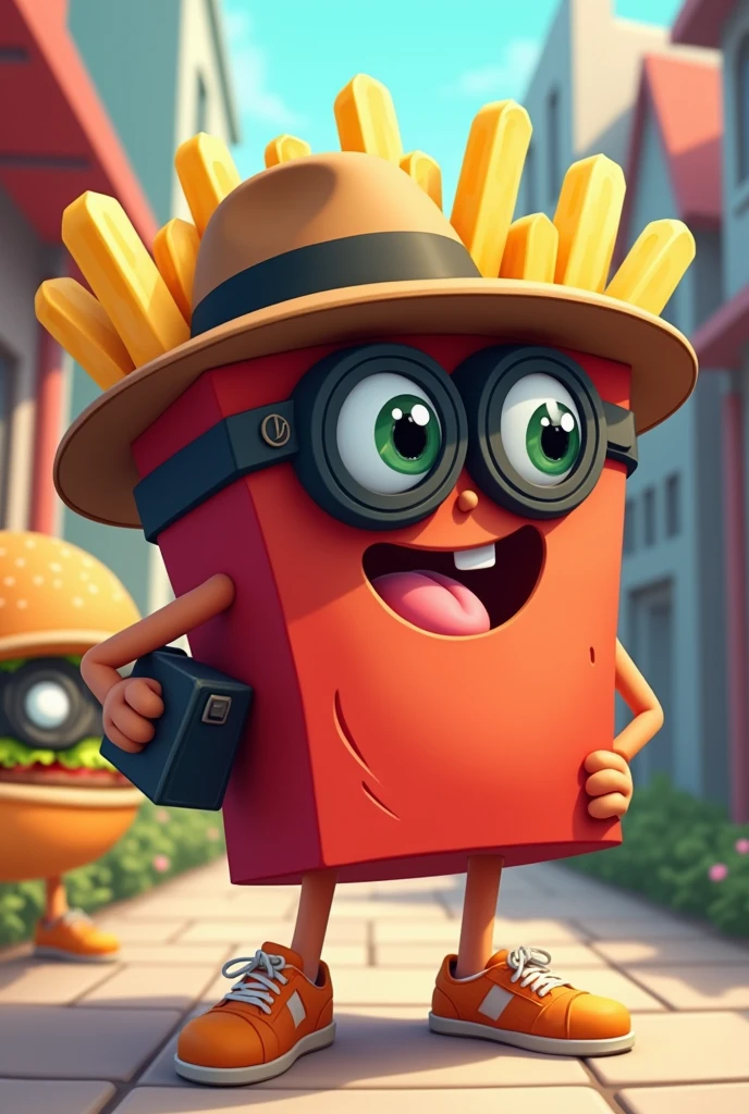 an animated French fry disguised as a vectorized and friendlier paparazzi, almost Disney style and with a hamburger mascot