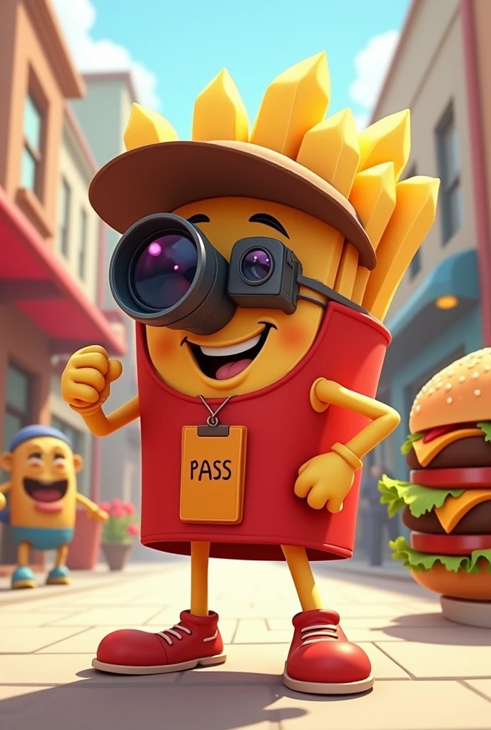 an animated French fry disguised as a vectorized and friendlier paparazzi, almost Disney style and with a hamburger mascot