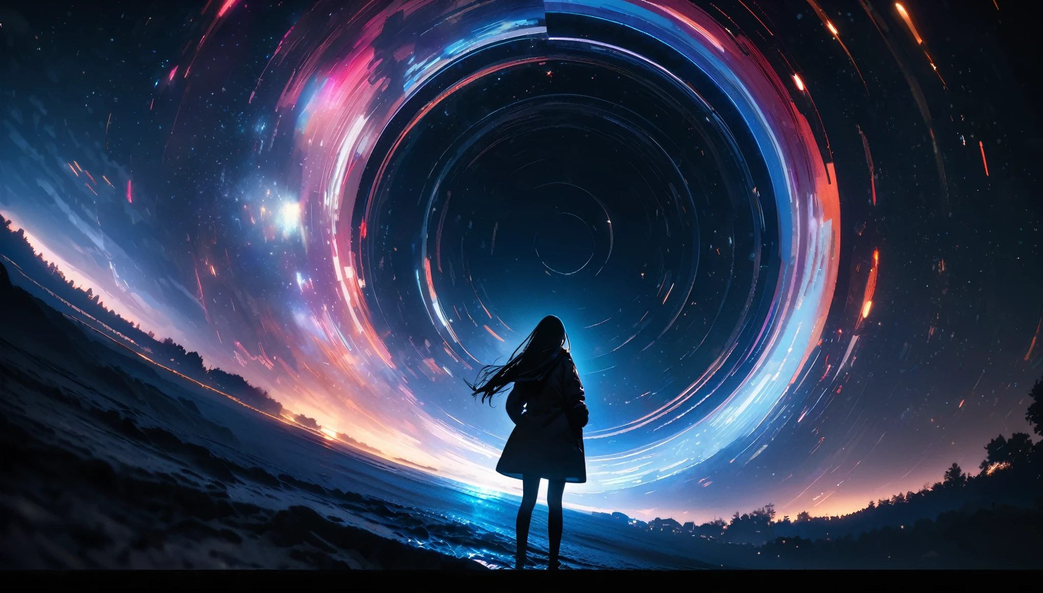 8k,wallpaper of extremely detailed CG unit, masterpiece,hight resolution,top-quality,top-quality real texture skin,hyper realisitic,increase the resolution,RAW photos,best qualtiy,highly detailed,the wallpaper,cinematic lighting,ray trace,golden ratio, BREAK ,many stars twinkling in a beautiful bright winter night sky, long exposure starry sky with many circular orbits, silhouette of a cute young woman with long hair with her hands in her coat pockets looking up at it, photo taken from long distance, photo from below, beautiful kaleidoscope multiple exposures overlapping