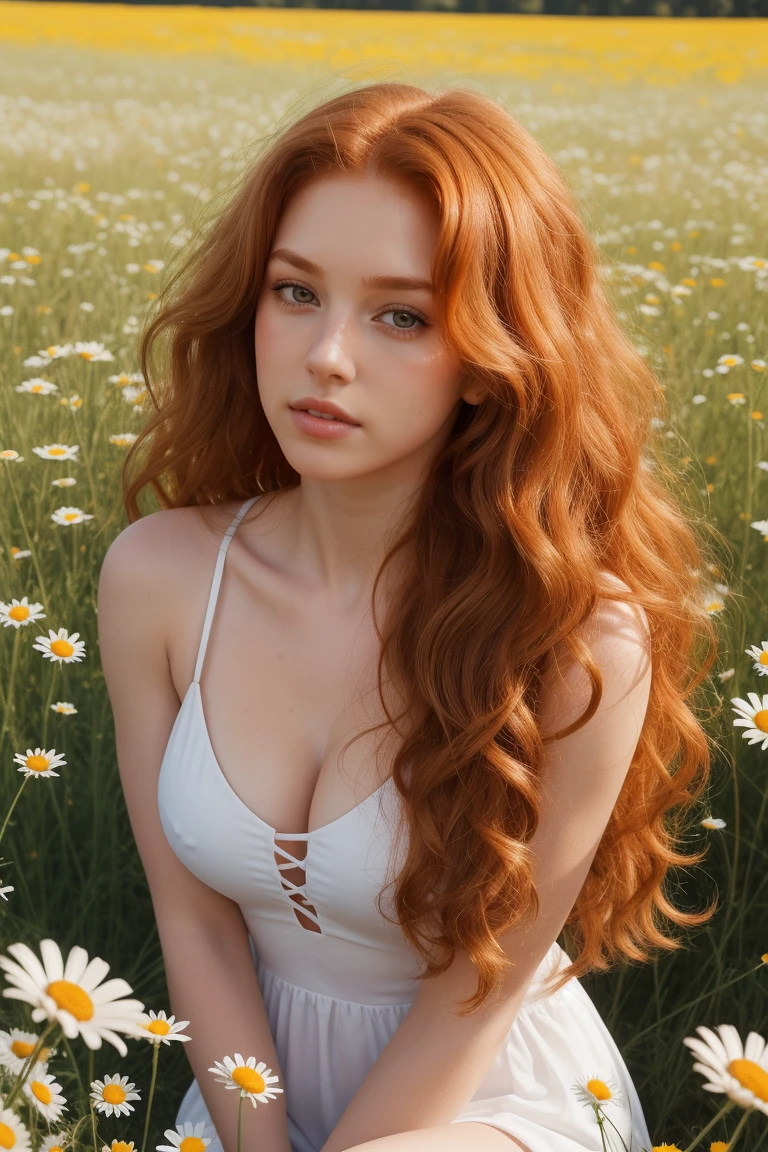 (Girl:1.2),alone, (long curly ginger hair:1.1), Brown eyes, Sitting in a field of daisies,unclothed, fitness body,Photographic,photographic shadows,actual,Aesthetic,elegant