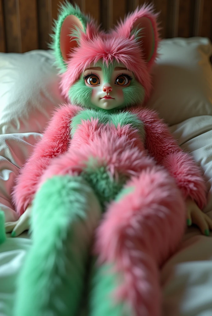 1 girl, furry, pink and green fur, lying on bed, spread legs, looking at the viewer, embarrassed face