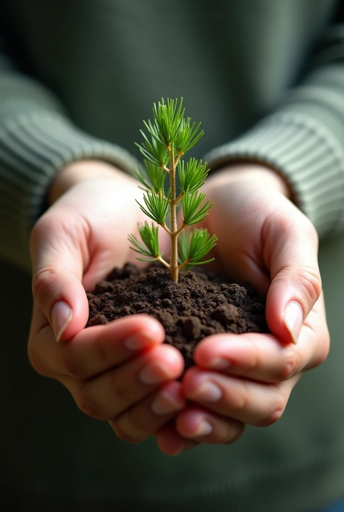hands holding a pine seedling 