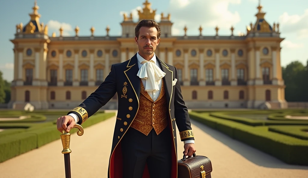 Man in front of the Palace of Versailles: A wealthy man in an extravagant suit poses in front of the Palace of Versailles. He’s holding a cane topped with gold and a briefcase filled with cash, with the opulent palace gardens visible in the background.